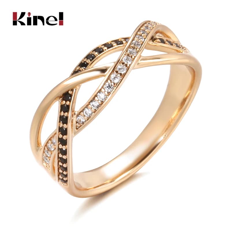 Kinel-Bague de mariage croix ligne géométrique pour femme, or rose, noir naturel, bijoux fantaisie vintage, luxe 585
