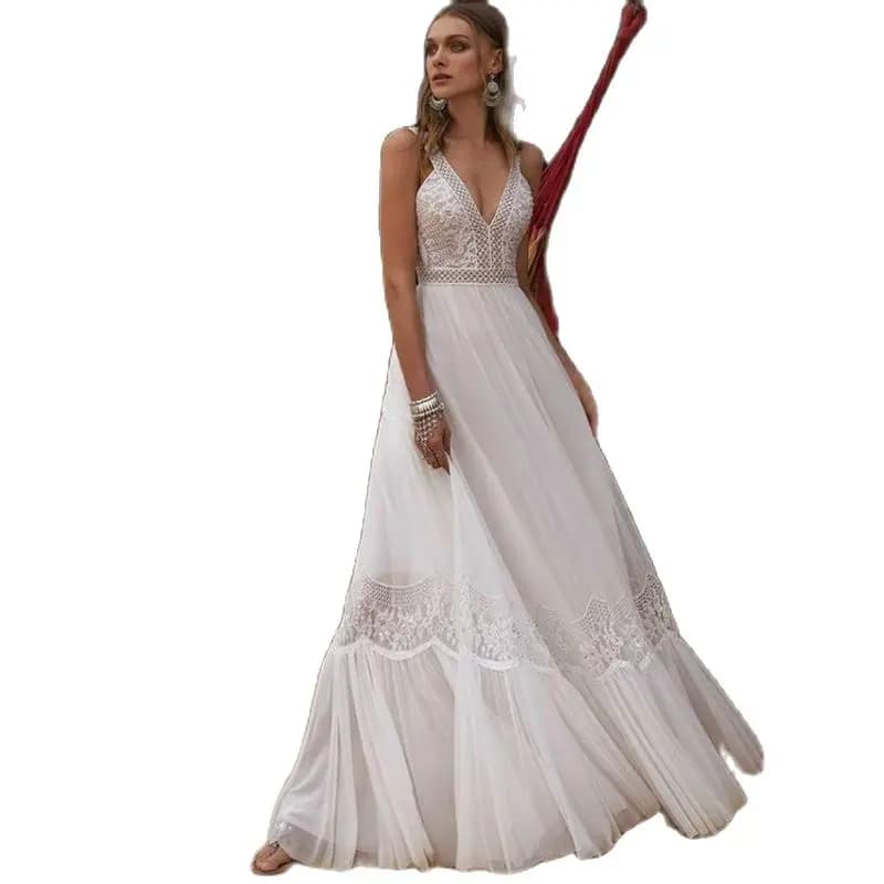 Robe de Mariée en Dentelle Style Boho, Tenue de Cérémonie en Fibre de V, Dos aux, Book ine Longueur, en Solde, Nouvelle Collection Été 2022
