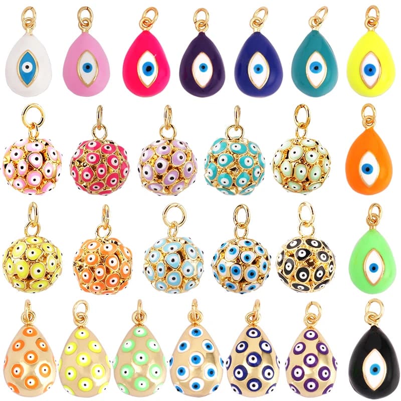 Breloque en émail en forme de larme, mauvais œil, néon, rose, Orange, Turquoise, bleu, goutte d'huile, plaqué or véritable, collier, Bracelet, pendentif M09 M93