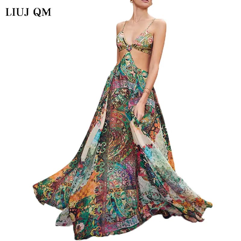 Robe à fleurs imprimée, grande taille, col en v, bretelles, à volants, dos nu, Sexy, robe de soirée, style bohème, été, 2022
