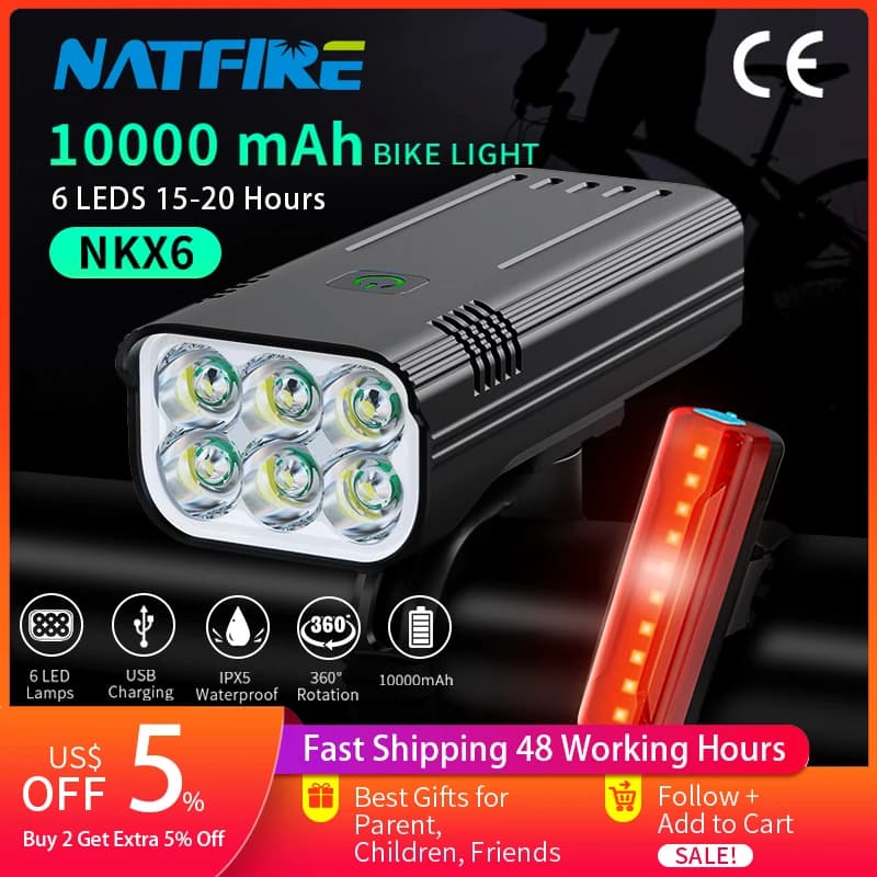 NATFIRE 10000 mAh vélo lumière étanche à la pluie USB Rechargeable LED vélo lumière Super lumineux lampe de poche pour cyclisme avant/arrière lumière