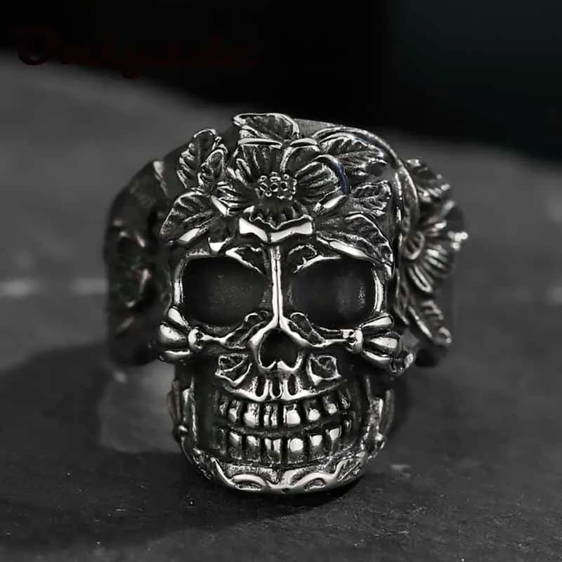 Bague en forme de crâne pour hommes, couleur argent Unique, en acier inoxydable 316L, lourd sucre, fleur de Mandala, père noël mort, motard, bijoux cadeau de fête, 100