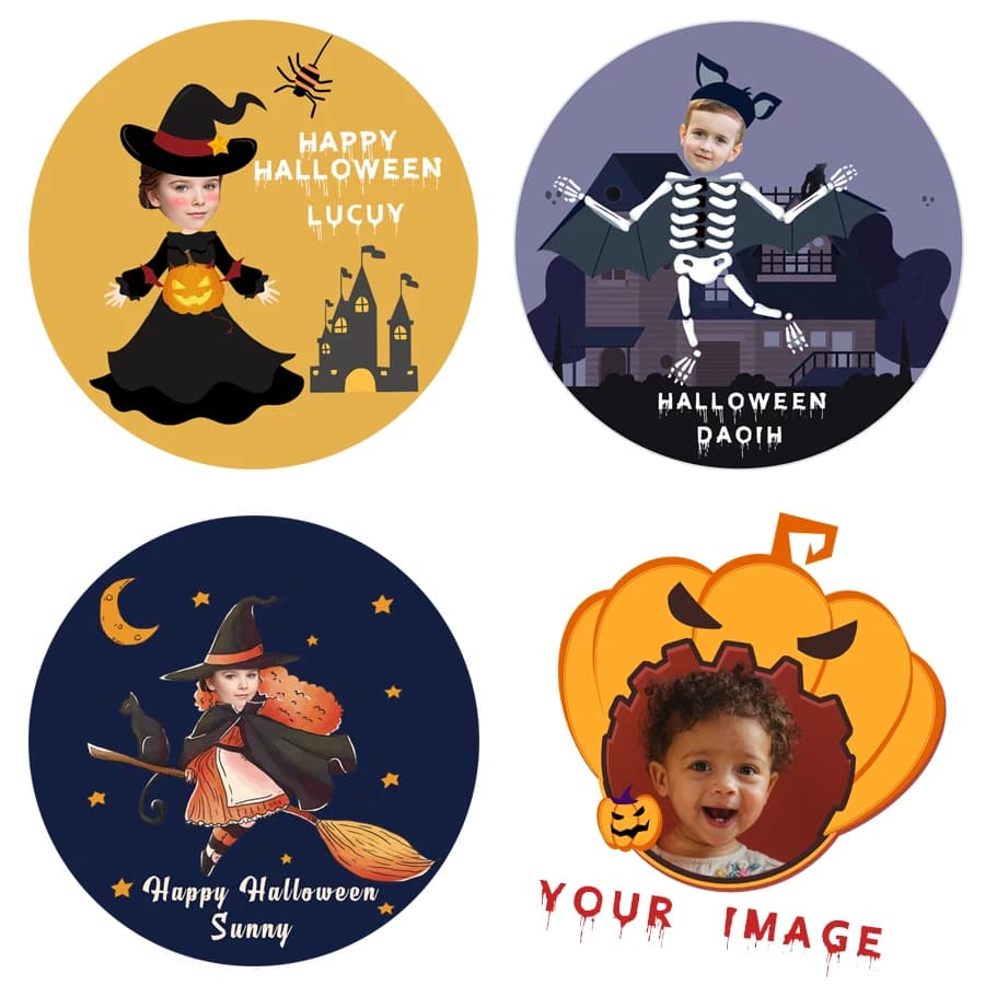 Autocollant photo personnalisé d'Halloween et dessin animé personnalisé, autocollants d'étiquette, décor de fête d'avatar, bonbons, coffrets cadeaux, Trick or Tious, 3.5-7cm