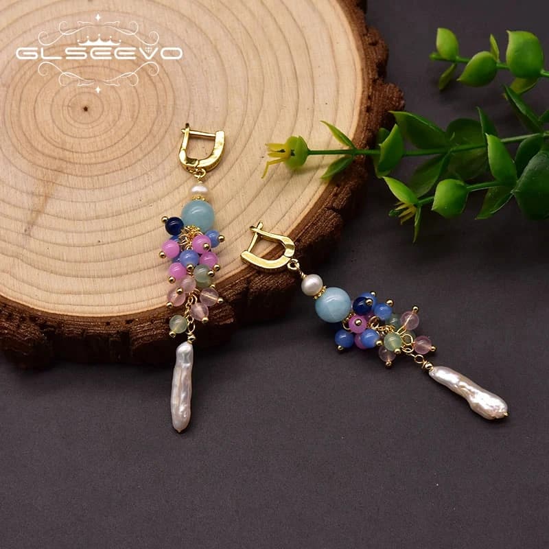 GLSEEVO-Boucles d'Oreilles en Perles Baroques d'Eau Douce Naturelles, Pierre Colorée, Verre, Bijoux Faits à la Main, Haut de Gamme, GE1025, pour Femme