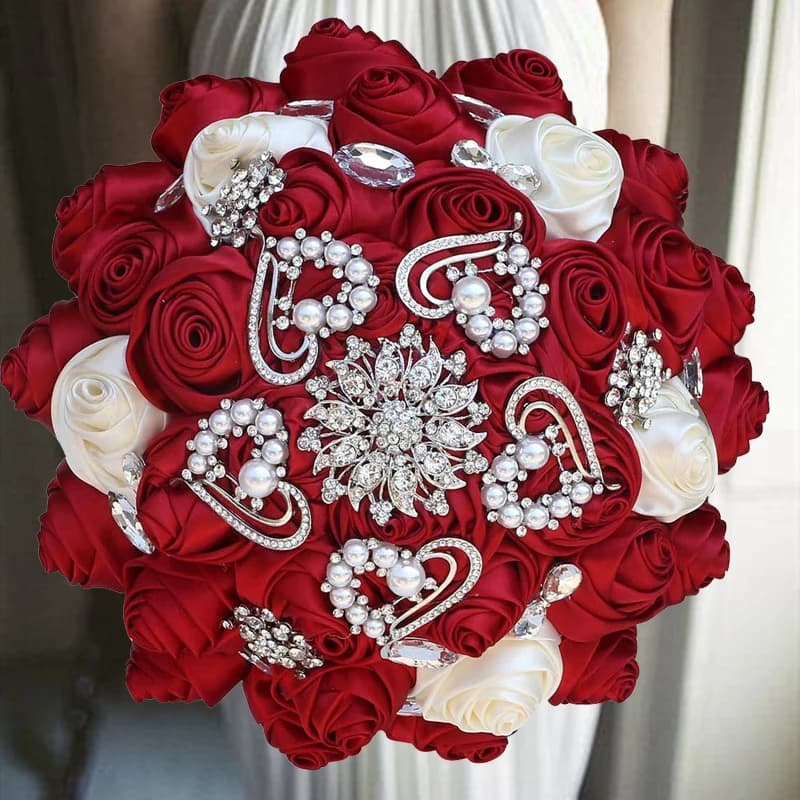 Bouquet de Mariage Rouge avec Ruban Artificiel, Or, Argent, Diamant, Perle, Décoration pour Patients, Rose, 1 Pièce/Lot
