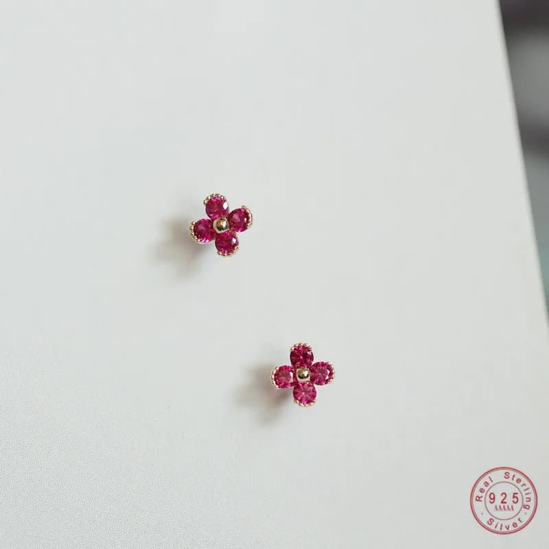 Boucles d'oreilles en argent Sterling 925 plaqué or 14K, Zircon rouge, jolie petite fleur, bijoux cadeau de mariage pour femmes