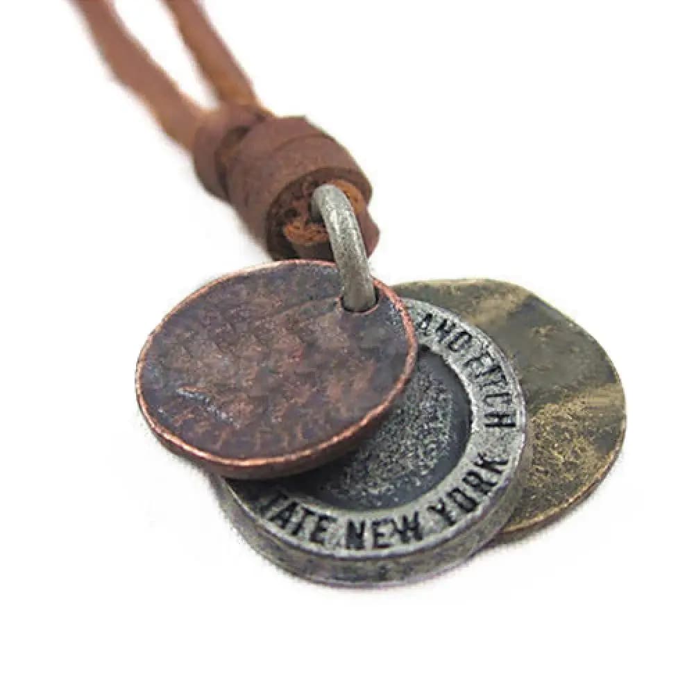 Collier en cuir véritable avec pendentif de 3 pièces de monnaie, pour la richesse et le succès, pendentif Antique porte-bonheur, ras du cou à la mode, meilleurs cadeaux de vœux