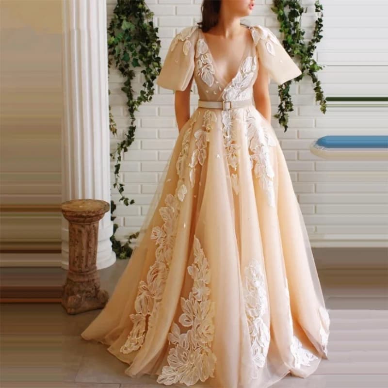 Robe de soirée de forme trapèze, tenue de soirée élégante, avec des appliques, avec ceinture, col en V, manches cape, Robe longue de bal, personnalisée