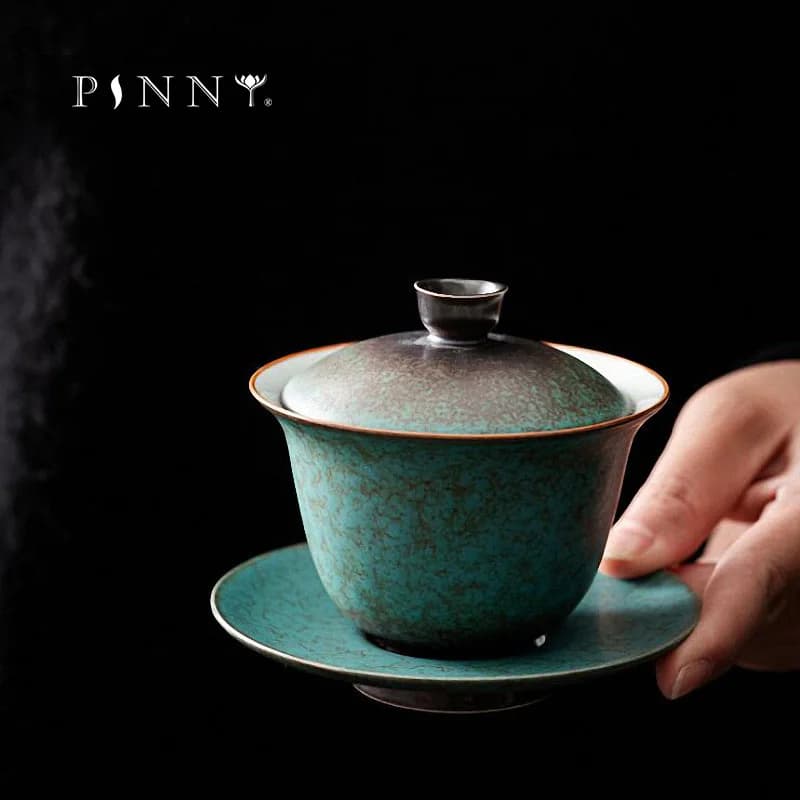 PINNY-Filles à Thé en Céramique Glaçure Turquoise Gaiwan, Poterie Grossière, Soupière, Pigmenté Rétro, Verres Kung Fu, 160ml