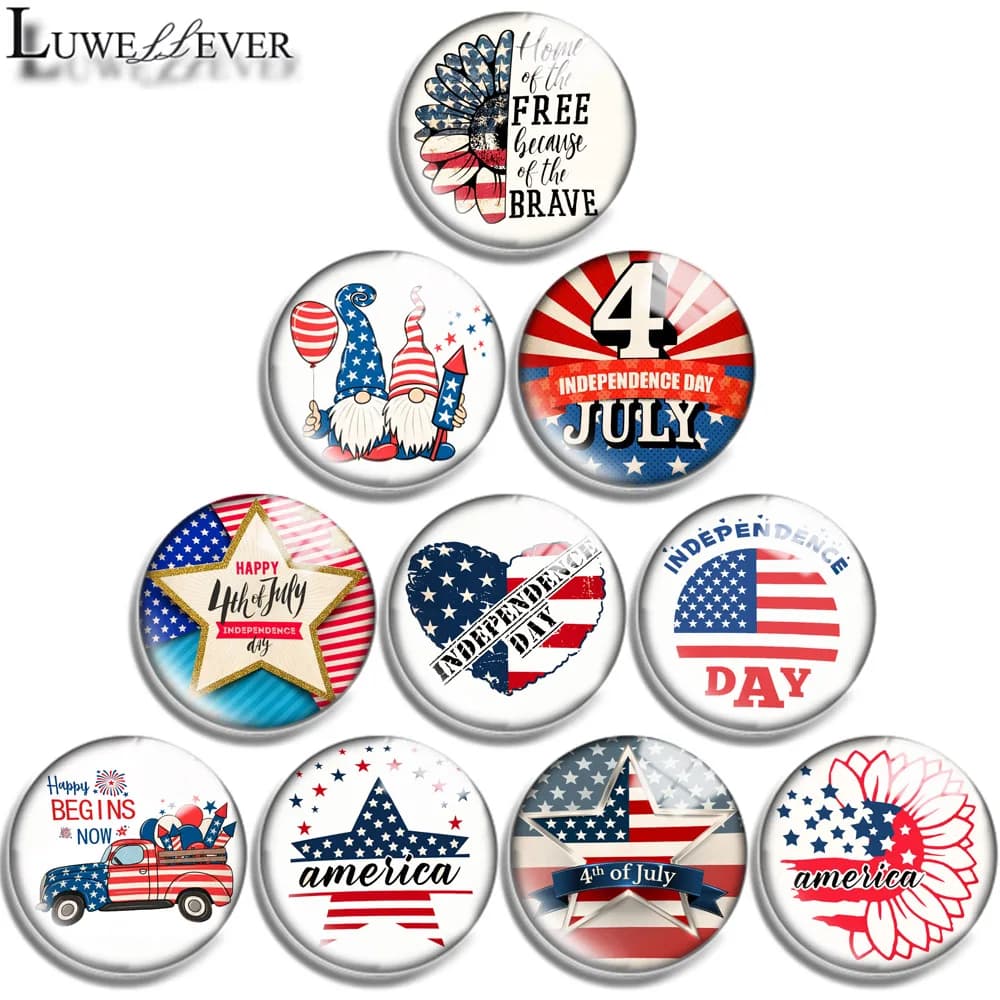 Cabochon rond en verre pour bijoux, 12mm 14mm 16mm 20mm 25mm 30mm, mélange de la fête de l'indépendance 716, bouton pression 18mm, bracelet à breloques