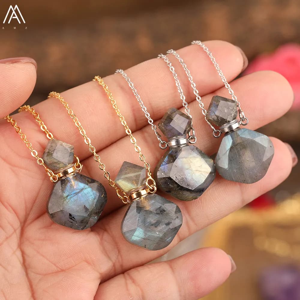 Femmes élégantes petit Flash Labradorite pierre diffuseur bouteille pendentif collier plaqué or huile essentielle flacon bijoux cadeau livraison directe