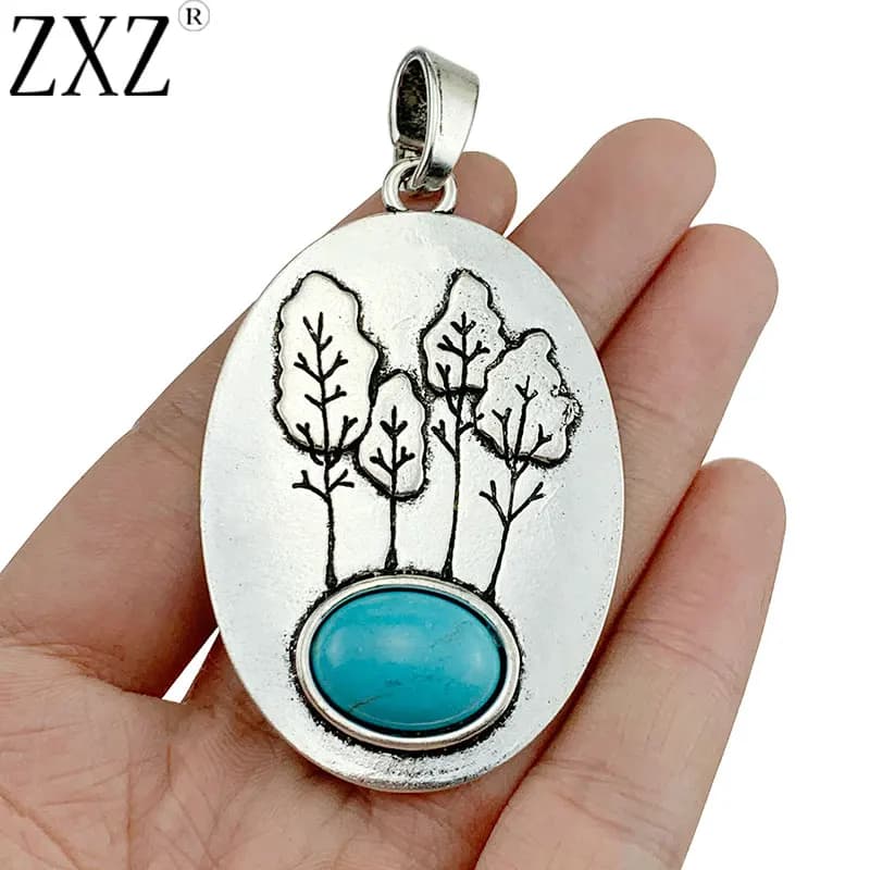 ZXZ 2 pièces tibétain argent grand arbre avec Imitation pierre forme ovale breloques pendentifs pour collier fabrication de bijoux accessoiresA