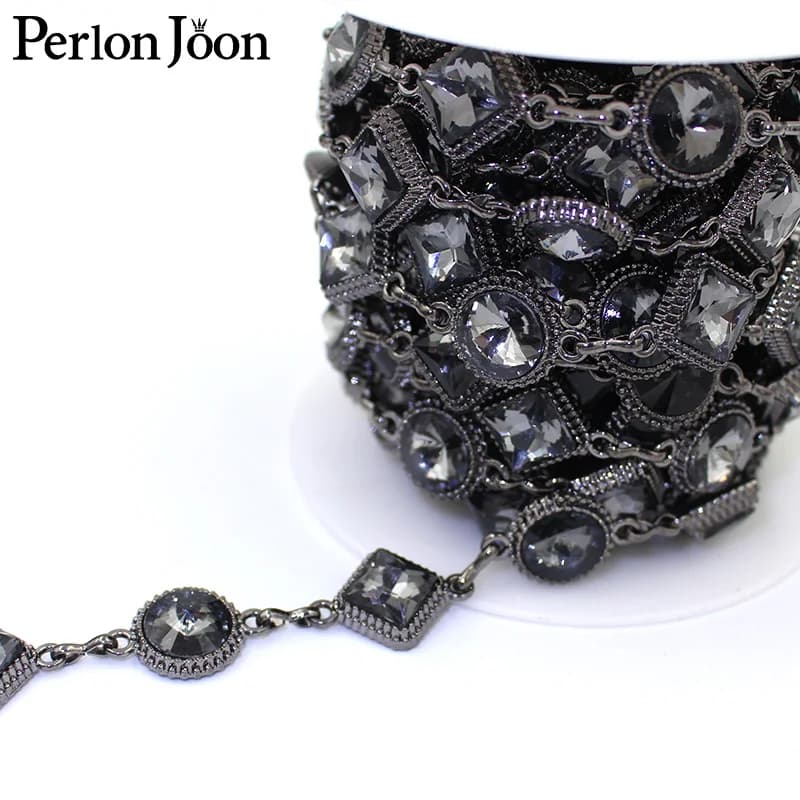 Garniture d'arrangement de verre diamant rond noir, chaîne en métal cousue sur les chaussures, accessoires de décoration de sac, ML133, 1 Yard