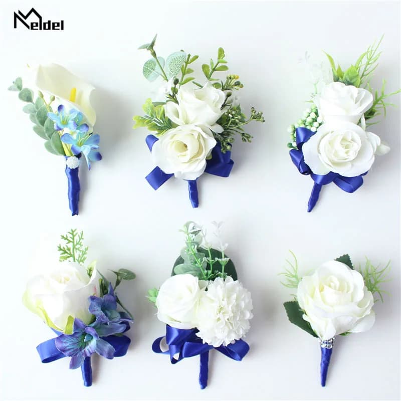 Meldel-Corsage Boutonnière de Mariage pour Homme, Bracelet de Poignet pour Patients, Blanc, Bleu, Épinglette de Marié, ix, Réunion, Décor Floral