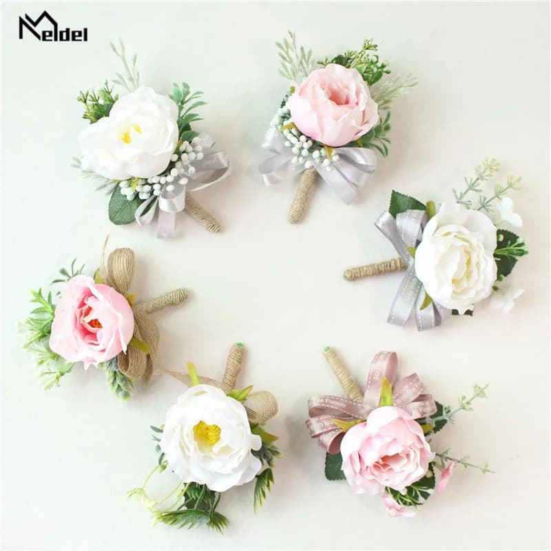 Meldel Boutonnière, Corsage de Mariage, Broche de Marié, Corsage de Poignet de Mariée, Fleur en Soie Blanche et Rose, Bracelet de Demoiselle d'honneur, Articles de Mariage
