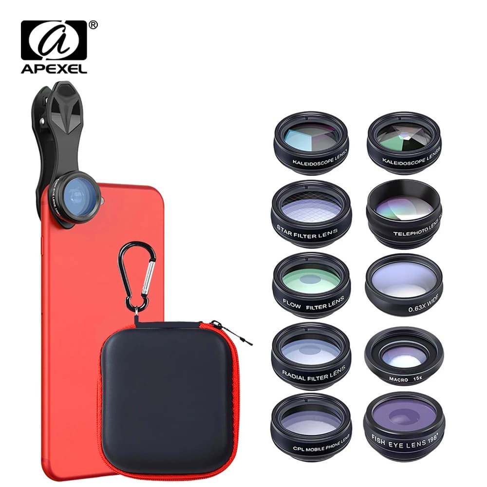 APEXEL-Kit d'objectifs Partenaires grand angle pour téléphone portable, objectif fisheye, téléobjectif, CPL, flux, étoile, kaléidoscope pour téléphones, 10 en 1