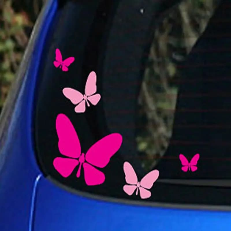 Autocollant papillons en vinyle, 5 pièces, à la mode, nouveau, rose et rose vif, décoration de fenêtre de voiture pour filles, décor de tasse d'ordinateur portable