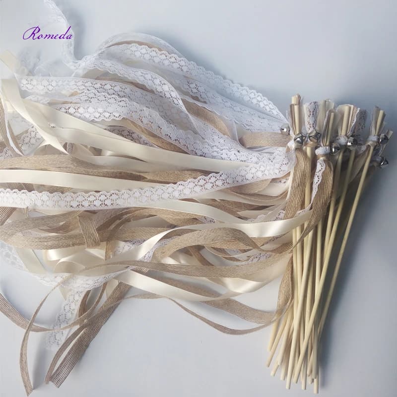 Nouveau 30/20/10 pièces/lot Champagne + jute + dentelle ruban de mariage baguettes bâton confettis flux avec grandes cloches argentées pour la fête de mariage