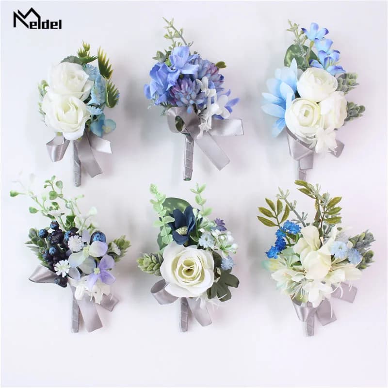 Meldel Corsage marié boutonnière épinglette mariée poignet Corsage blanc bleu Rose Bracelet fête de mariage décor Floral personnel