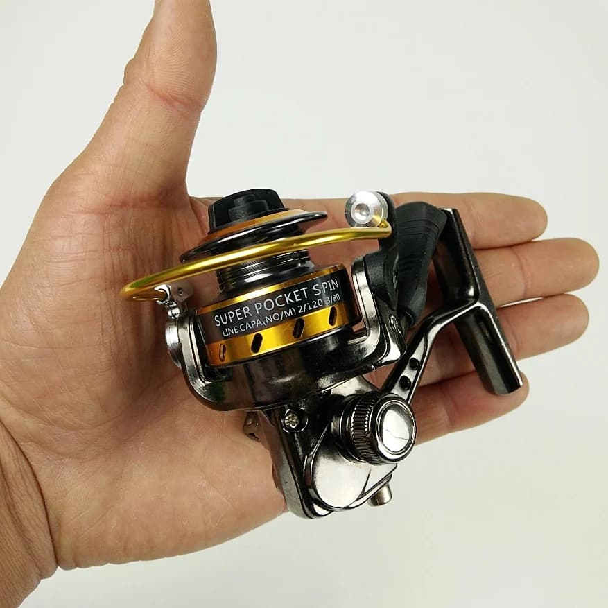 Twinfish XF150 Moulinet de pêche spinning de poche entièrement métallique, taille de paume, mini moulinet pour leurres, 4 roulements, noir, petit moulinet de pêche sur glace.