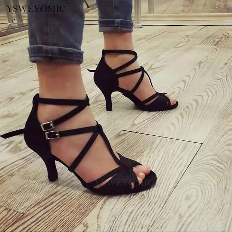 Chaussures de brevSalsa en Satin Noir pour Femme, Nouveau Style, Talon de 7cm sur Photo, Semelle en Daim, Salle de Bal, Latin, 2021