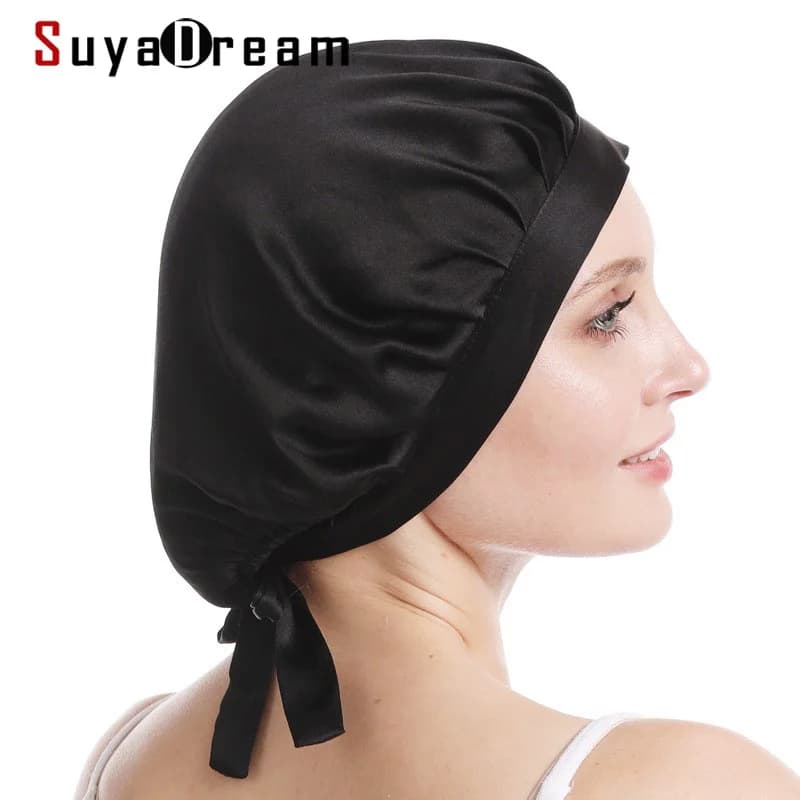 SuyaDream 100% Bonnet de nuit en soie de mûrier pour femmes Soins capillaires Bonnet de nuit en soie naturelle 19 Momme avec rubans réglables