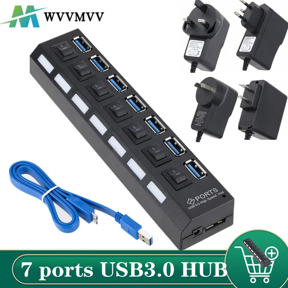 Hub USB 3.0 Hub USB 3.0 répartiteur Multi USB 3 Hab utiliser adaptateur secteur 7 ports extenseur Multiple 2.0 Hub USB3 avec commutateur pour PC