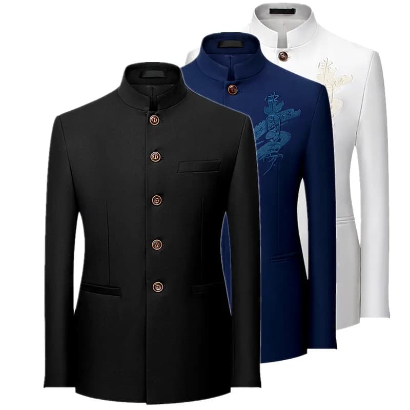Veste de costume noire pour hommes de style chinois, blazers ajustés à col montant de taille asiatique, blanc, rouge, bleu et jaune sont disponibles.