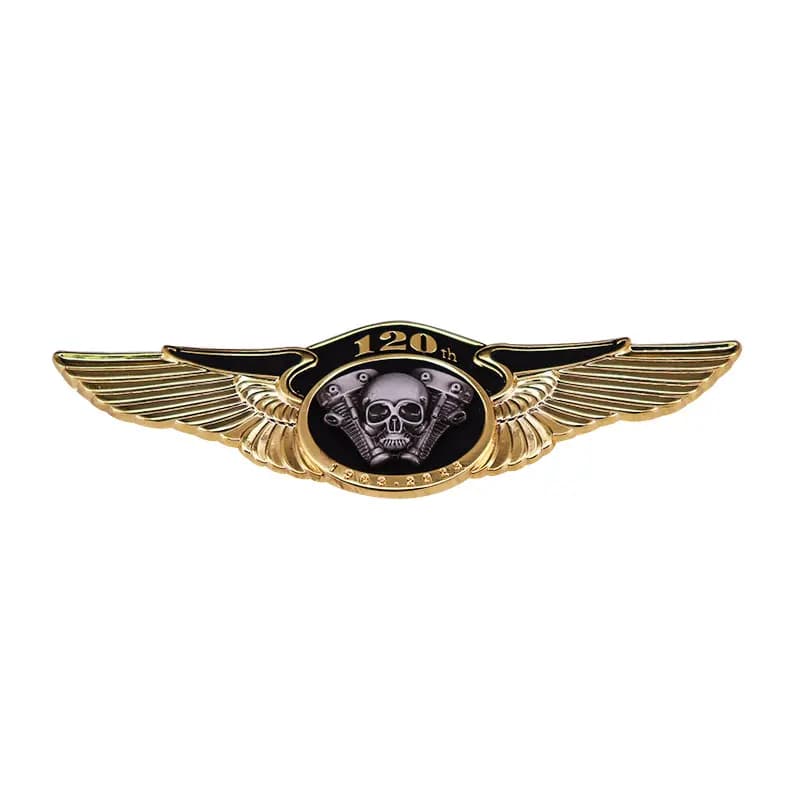 Badge de motard en forme de crâne d'ailes dorées, 120 ans, épingle d'anniversaire de la première société de moto américaine, nouveaux accessoires 2021