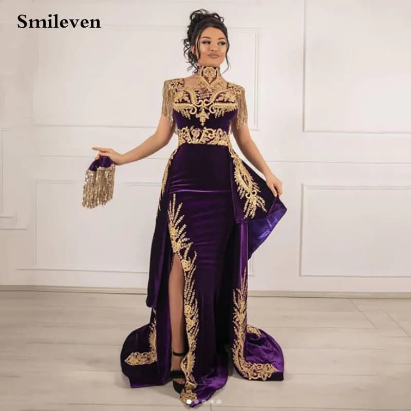 Smileven-Caftan violet fendu avec poignées et traîne amovible, robe de Rhsirène, robe de soirée en dentelle, robe de soirée formelle