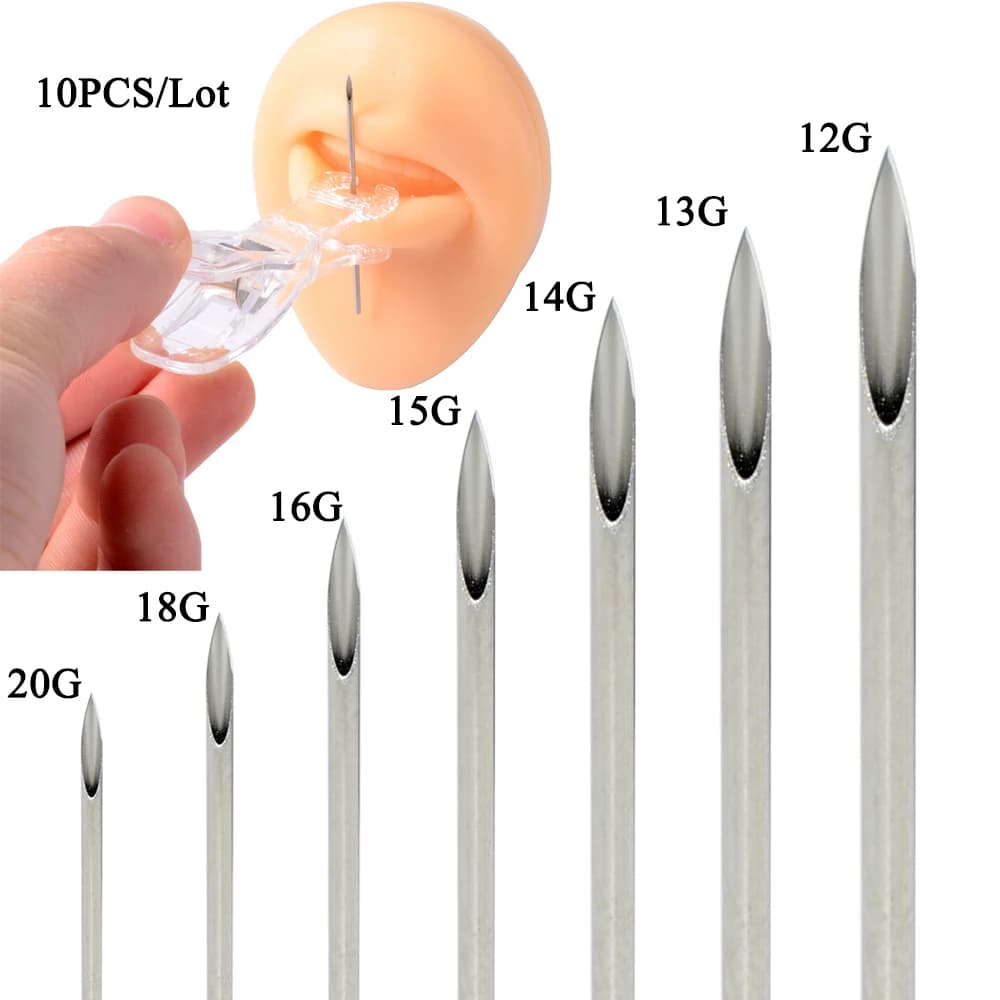 Aiguilles de tatouage jetables en acier chirurgical, lot de 10 pièces, Piercing corporel, pour lèvres, ventre, nez, oreilles, Tragus, stérilisées au gaz, 12-20G