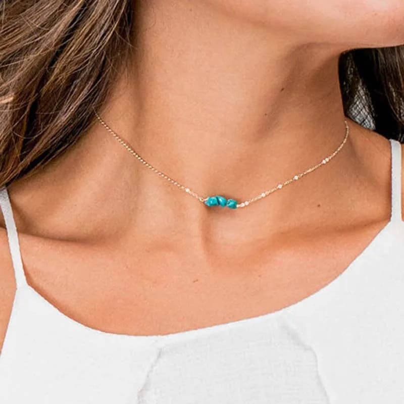Tour de cou Boho en perles turquoises Collier Ras du Cou en Pierres Précieuses Délicates, Petites Perles, Bijoux de Plage