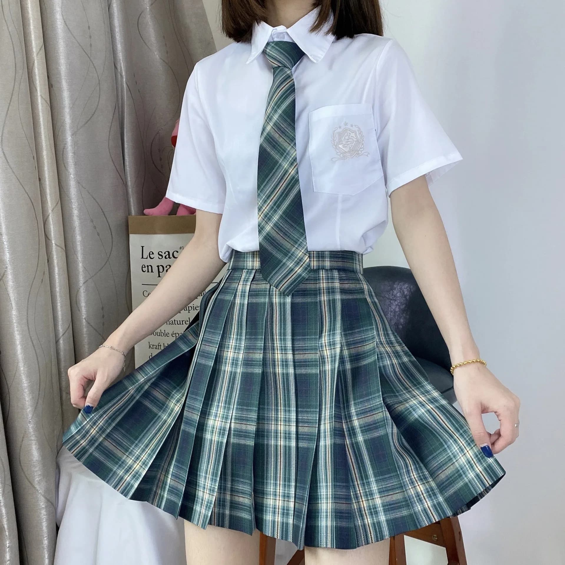 Jupes plissées taille haute à manches longues et courtes pour filles, jupe à carreaux pour femmes, uniforme scolaire JK pour étudiants, lettre de la forêt