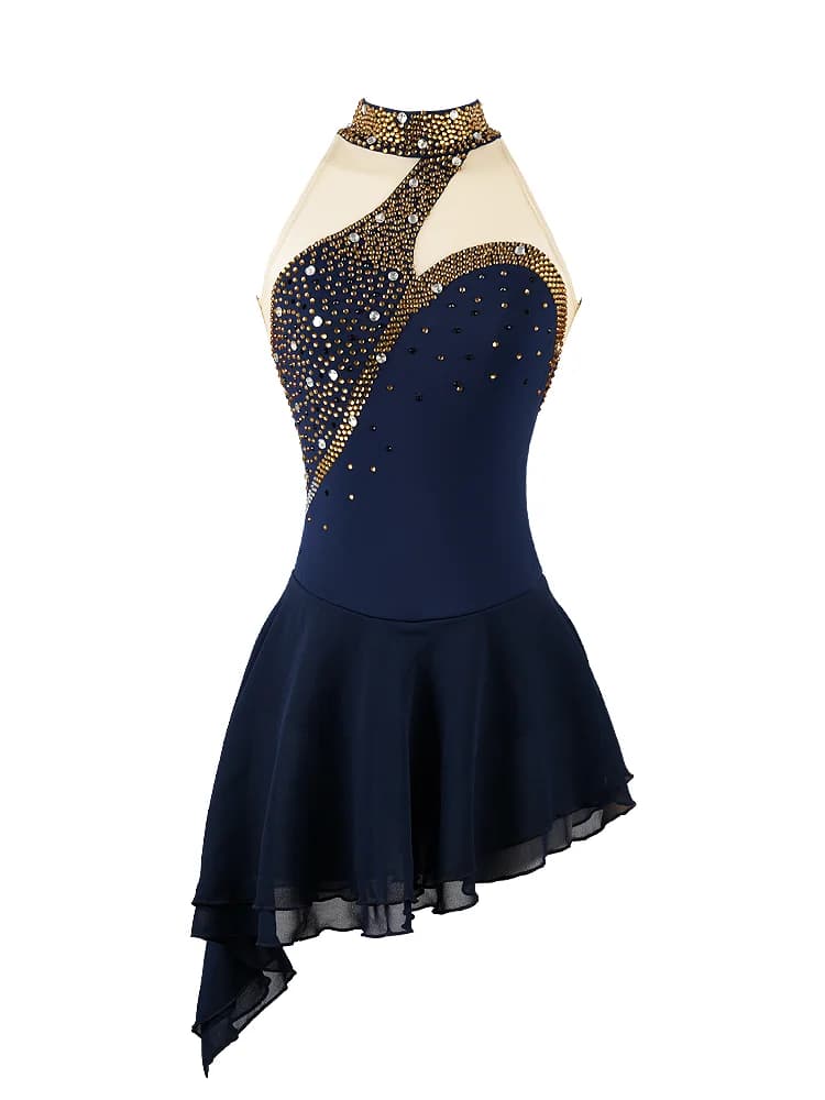 Robe de patinage artistique pour femmes et filles, pôle de patinage artistique en fibre de glace, vêtements thermiques sexy avec biscuits, bleu marine et rouge
