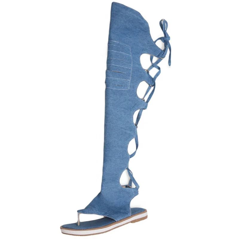 Cuissardes pour femmes, sandales d'été en denim, gladiateur romain personnalisé, haut, bottes longues pour dames, sandales de plage, WSH3896