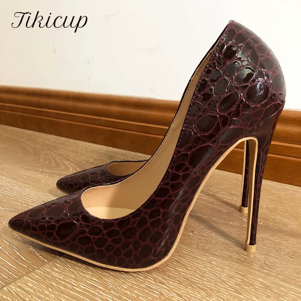 Tikicup-Escarpins à enfiler à effet crocodile pour femmes, Escarpins pointus, Talons extrêmement hauts, Bordeaux, Vin rouge, Sexy, 33-45