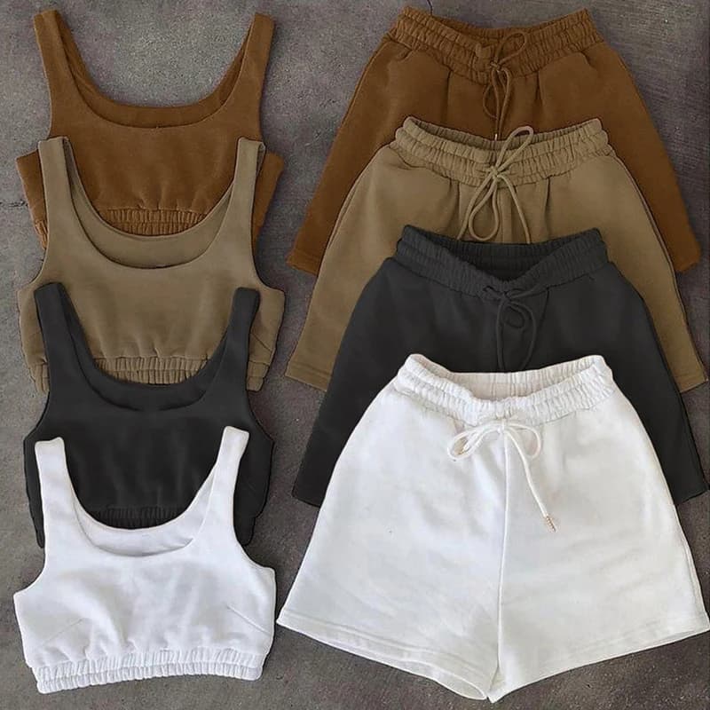 Ensemble haut court et short à cordon de serrage, débardeur de Fitness Sexy à col en U, short de motard d'athlétisme d'été, ensemble deux pièces pour femmes, Streetwear