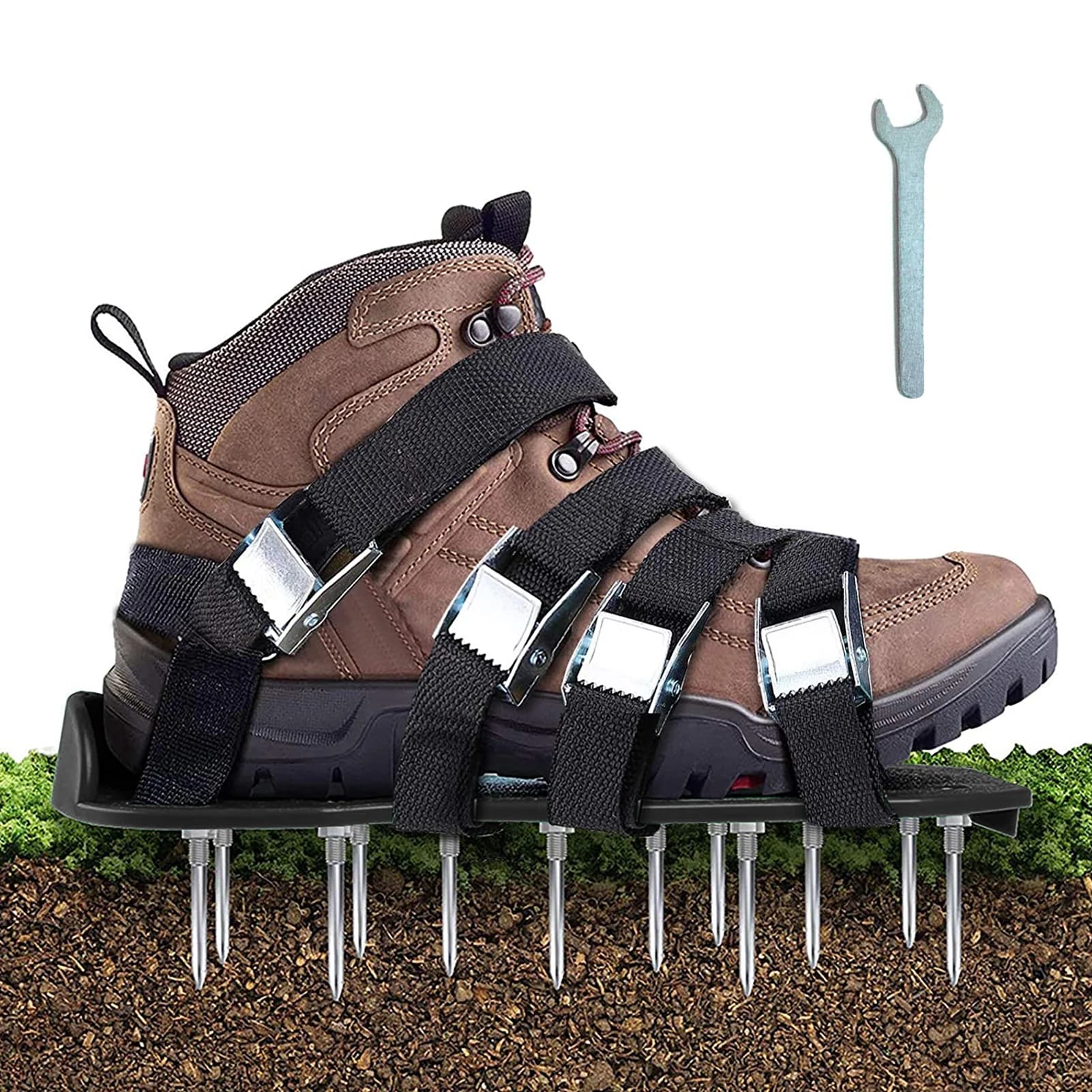 Sandales à pointes d'aérateur de pelouse avec 5 sangles réglables, taille universelle pour toutes les chaussures ou bottes, cultivateur d'herbe