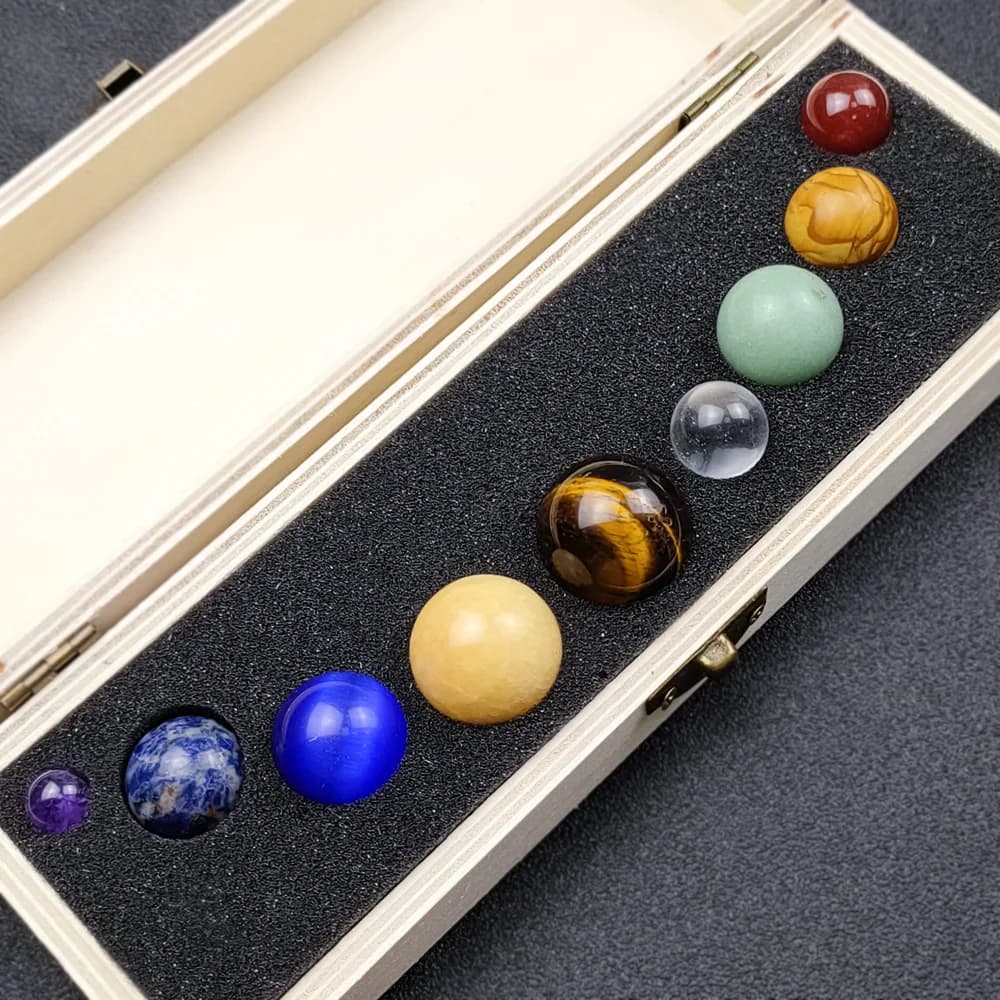 Sphères de cristal naturel, les neuf planètes du système solaire, boîte de collecte de spécimens de pierres précieuses, ornements de bureau, décoration d'intérieur