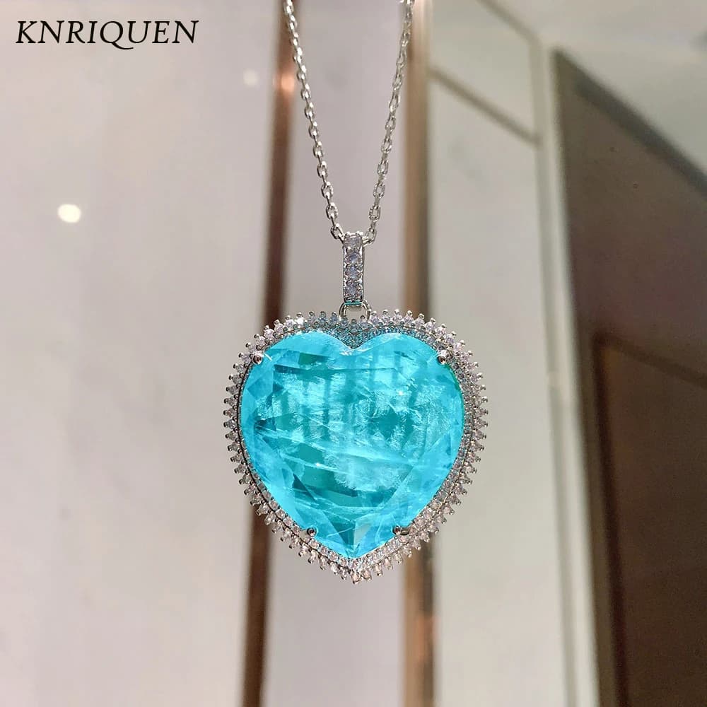 Collier pendentif en pierre précieuse Moissanite pour femme, coeur, cristal bleu, tourmaline Paraiba, bijoux fins, cadeau des travailleurs, 32x32mm, 2021