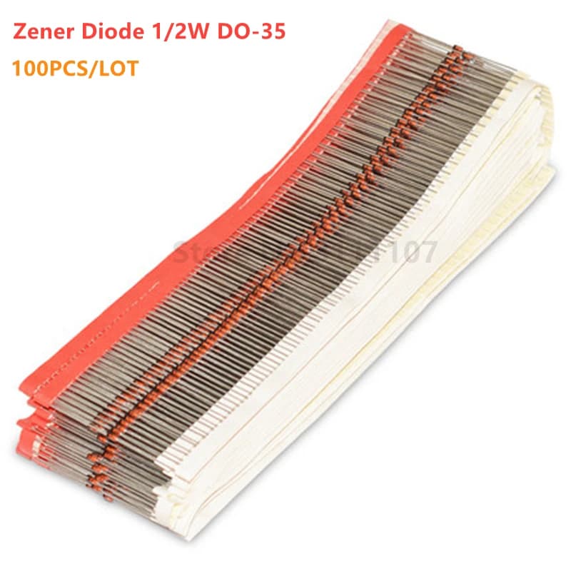Diode Zener 1/2W DO-35 BZX55C3V3 4V7 5V1 6V2 6V8 7V5 8V2 9V1 10V 11V 12V 13V 15V 18V 24V 30V 3.3/4.7/5.1/6.8/7.5/8.2/9.1V, 100 pièces