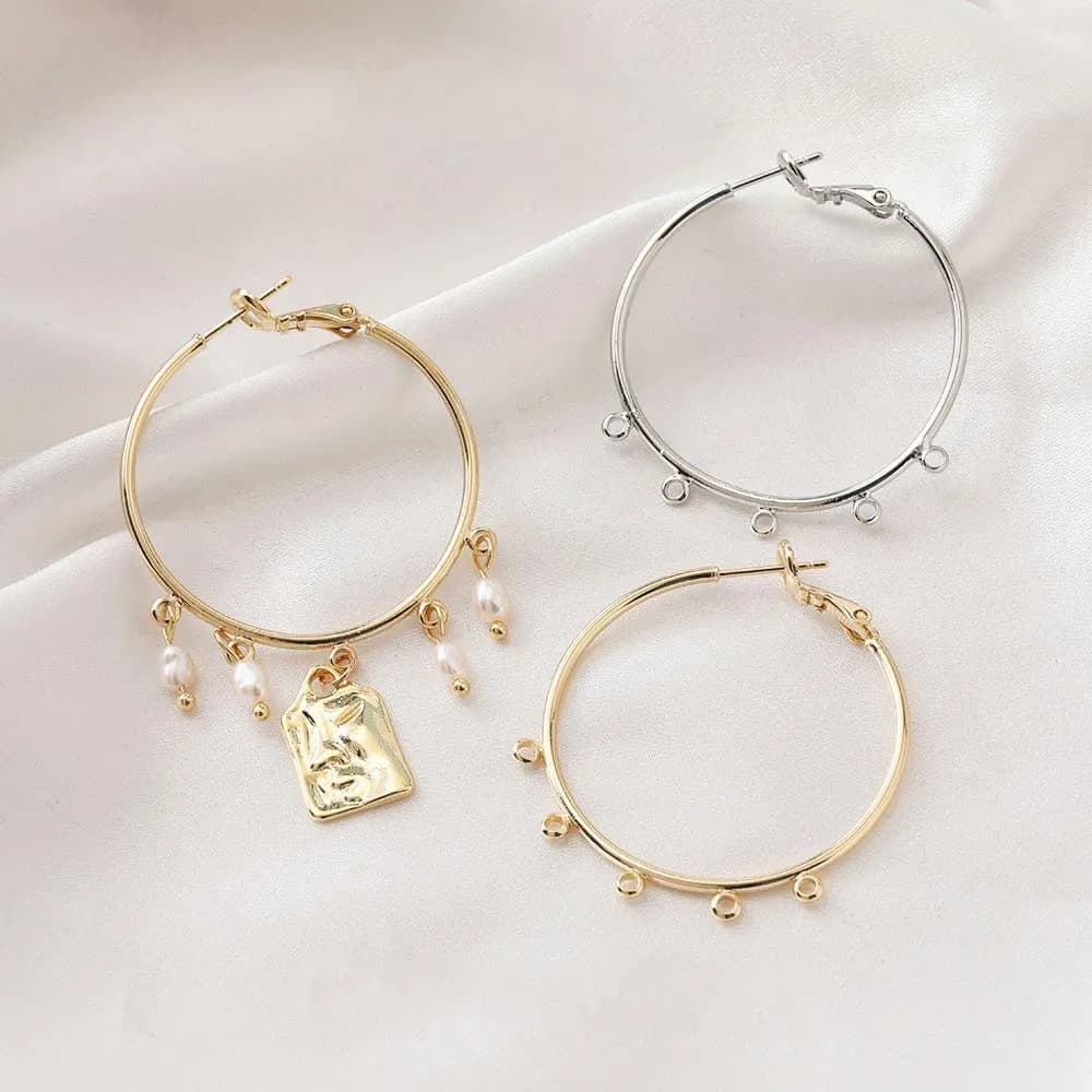 Boucles d'oreilles Big Circle Hoop, Boucles d'oreilles simples, Accessoires en laiton faits à la main, Plaqué or 14 carats, Mode de bricolage, Résultats de bijoux, 2 pièces