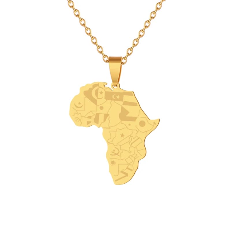 Colliers pendentif carte de l'Afrique pour hommes et femmes, acier inoxydable, or et argent, document, pays africains, fête ethnique, bijoux