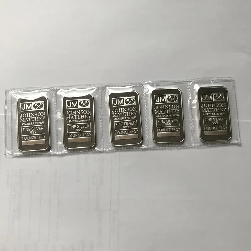 5 pièces de barres de monnaie souvenir plaquées argent Johnson Matthey 1 OZ JM non magnétiques, scellées sous vide, avec numéros de série laser différents