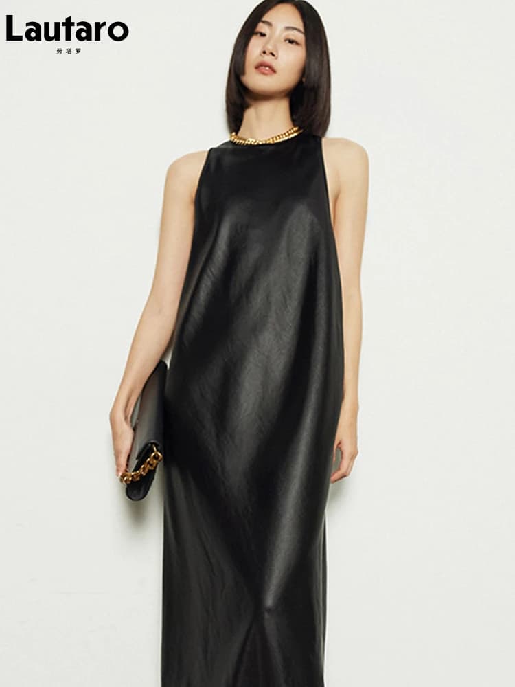 Lautaro-Robe en similicuir précieux pour femme, robe maxi dos nu, extra longue, noir, élégante, printemps, automne, 2021