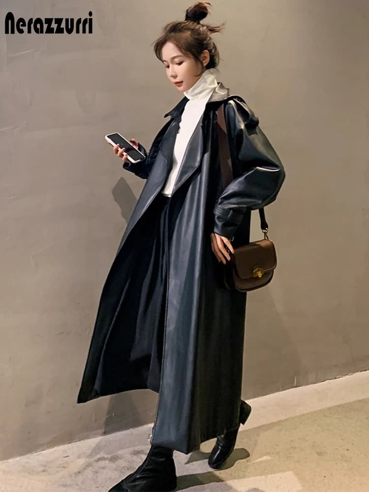 Nerazzurri – Manteau Surdimensionné et Long pour Femme, Trench-Coat en Cuir, Imperméable, Manches Longues, Coupe Ample, Mode Coréenne, Vêtement Printemps 2021