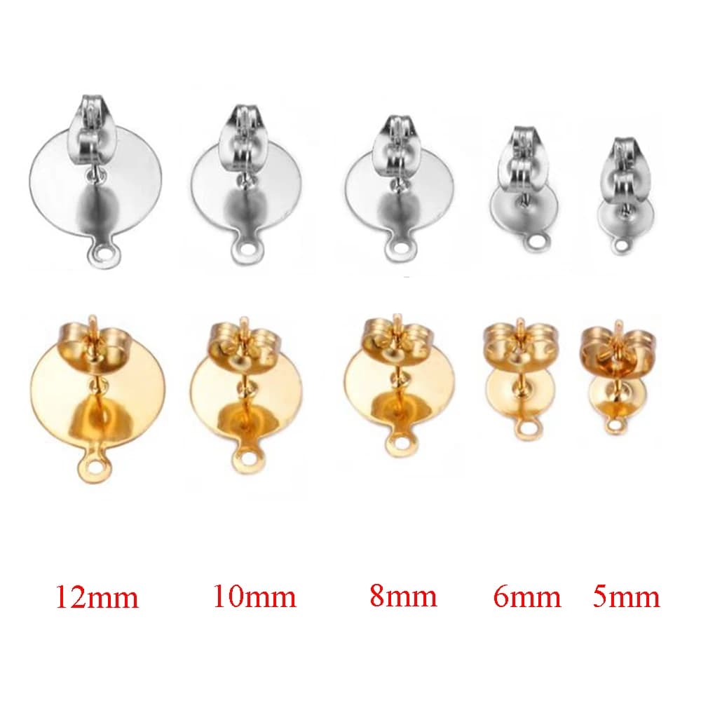 30 pièces/lot 5/6/8/10/12mm en acier inoxydable blanc boucles d'oreilles goujons broches avec boucle plat rond plateau Base oreille pour la fabrication de bijoux à bricoler soi-même