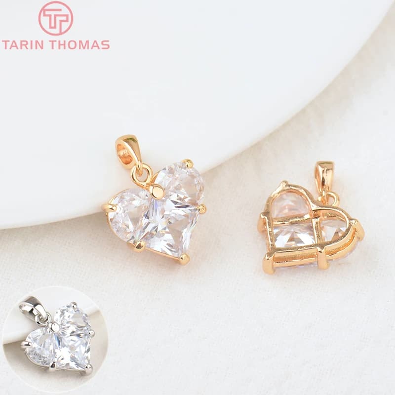 (280)4 pièces 14x14.5MM trou 2.5MM 24K couleur or laiton avec Zircon coeur breloques pendentifs haute qualité bijoux résultats accessoires