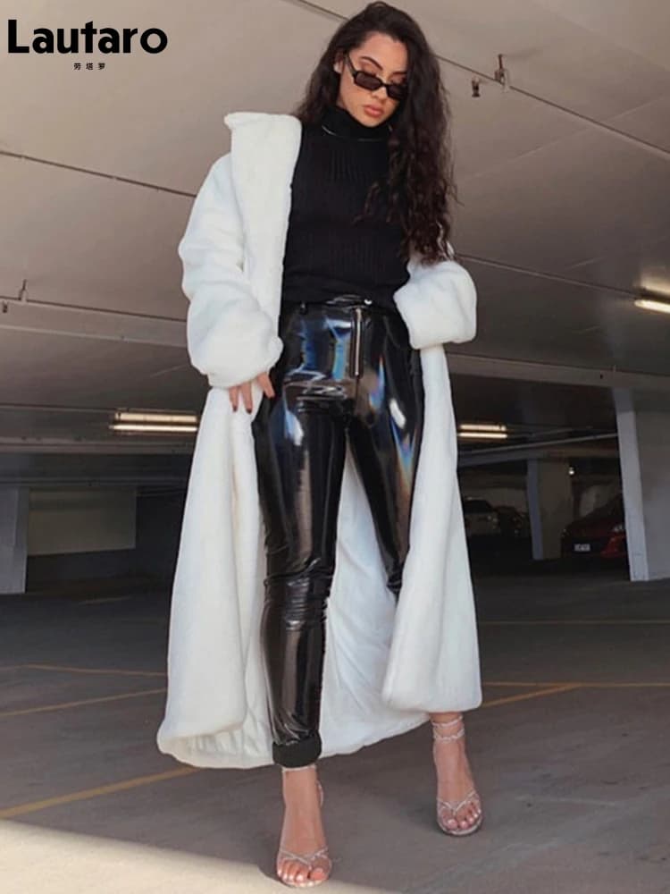 Lautaro – manteau Long en fausse fourrure pour femme, blanc, pelucheux, chaud, surdimensionné, avec capuche, ceintures à revers, ample, mode coréenne, vêtements d'extérieur, hiver 2021