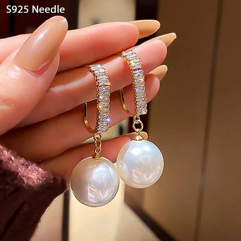 Boucles d'Oreilles Pendantes en Argent pour Femme, Bijoux Cubique, Perle Blanche, Jolies et Élégantes